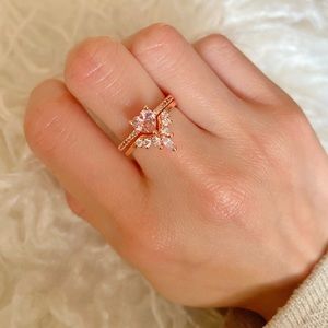 Rose gold Pink heart rhinestone crystal ring set